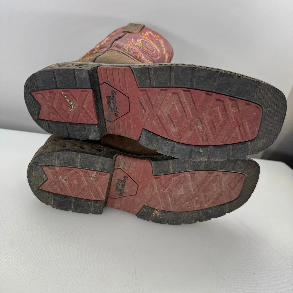 Georgia Boot Carbo Tec Western Work Boot Kids 6.5M Brown Red Pull On Square‎ Toe